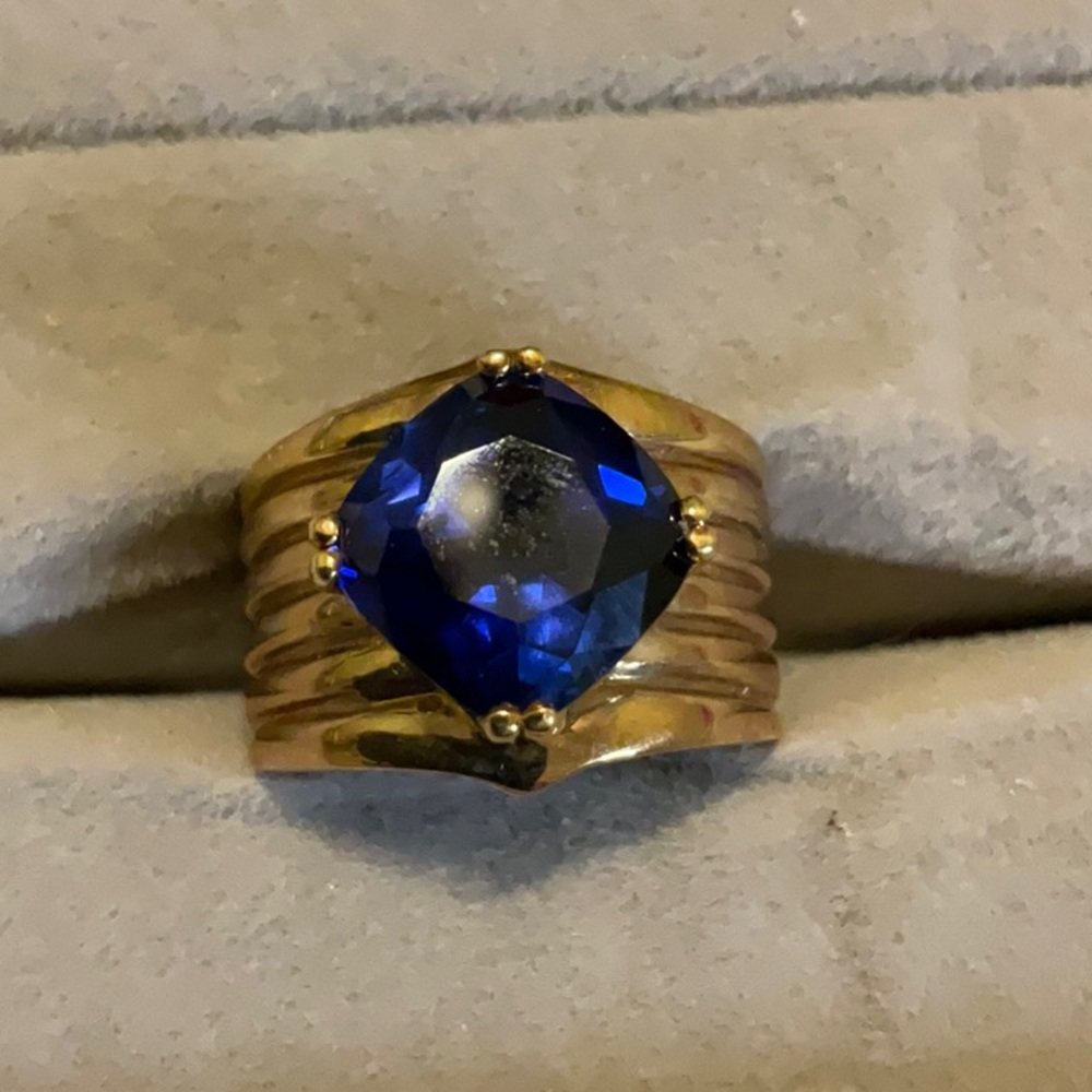 Elegant Gold Toned Sterling Silver and Blue Gemstone Ring